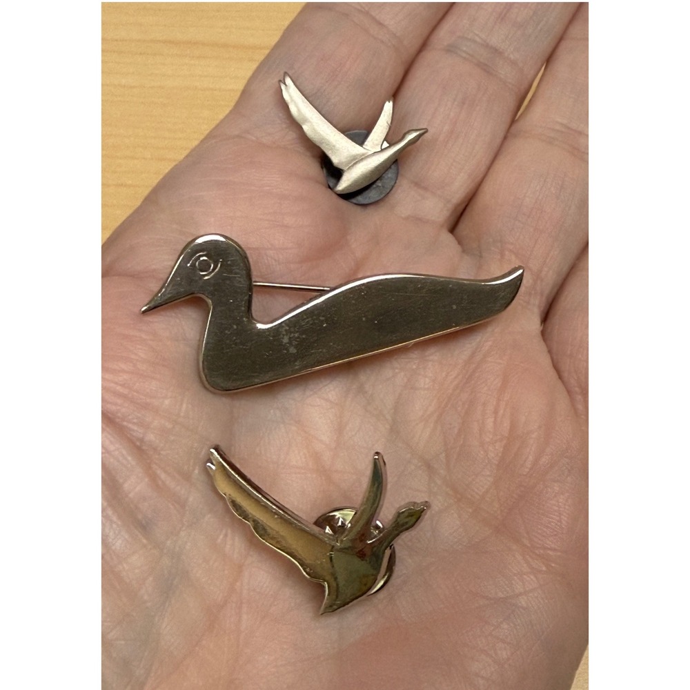 Bird Brooch Pin Lot of 3 Nerdpins Duck Swallow Silver Tone Modernist Naturecore